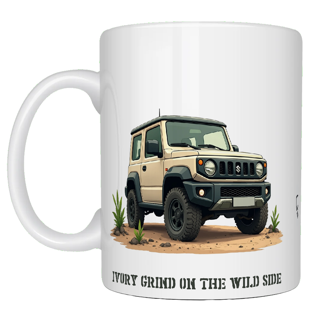 Offroad adventure, Ivory Suzuki Jimny edition, coffee mug