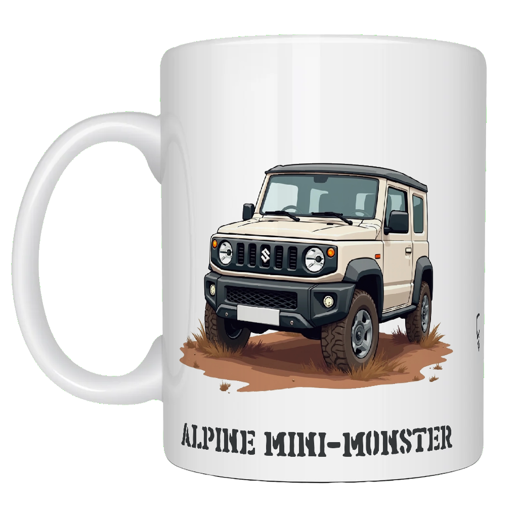 Offroad adventure, White Suzuki Jimny edition, coffee mug