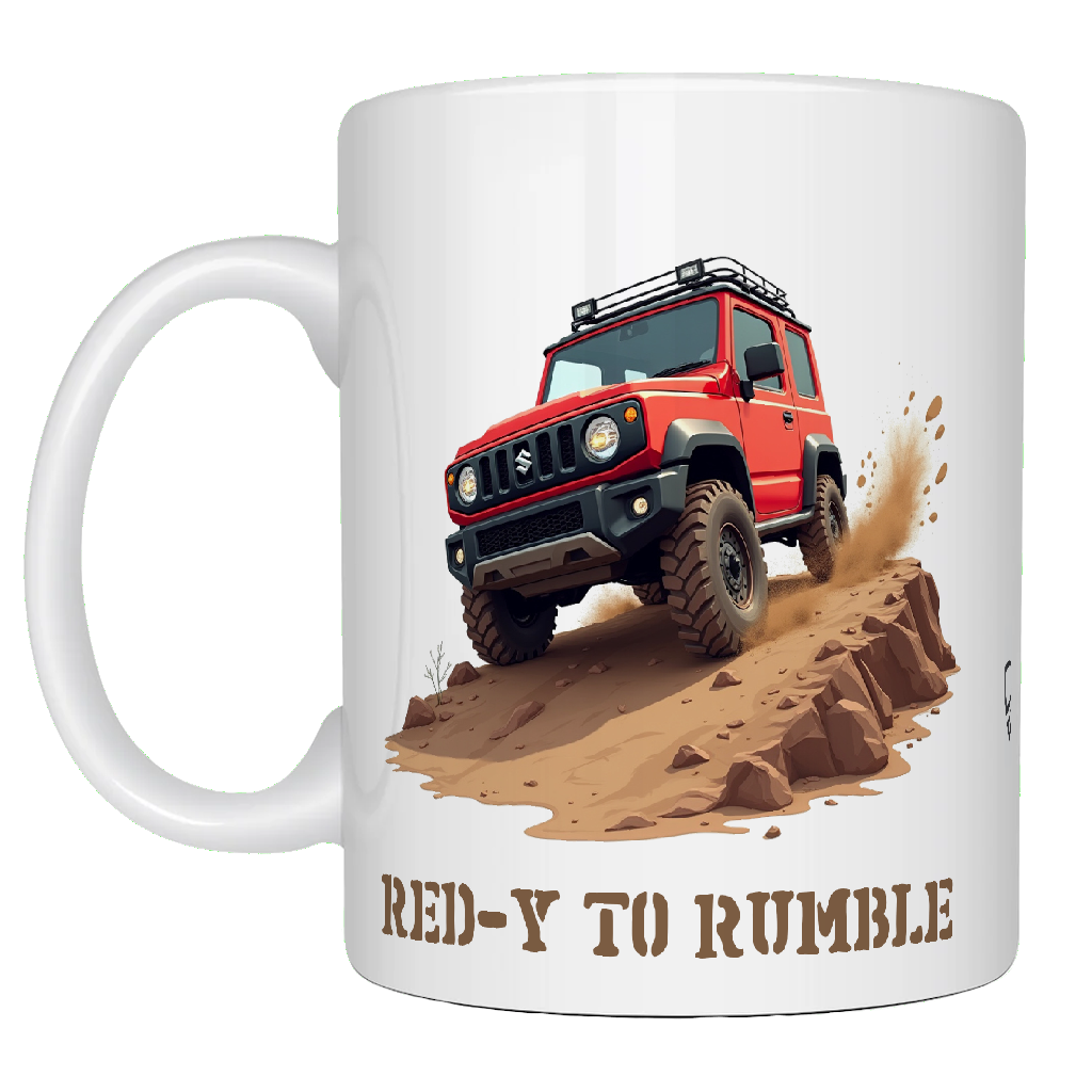 Offroad adventure, Red Suzuki Jimny edition, coffee mug