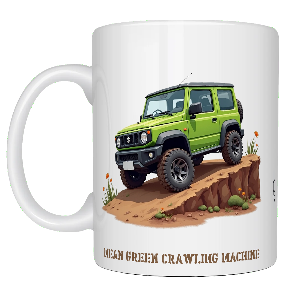 Offroad adventure, Green Suzuki Jimny edition, coffee mug