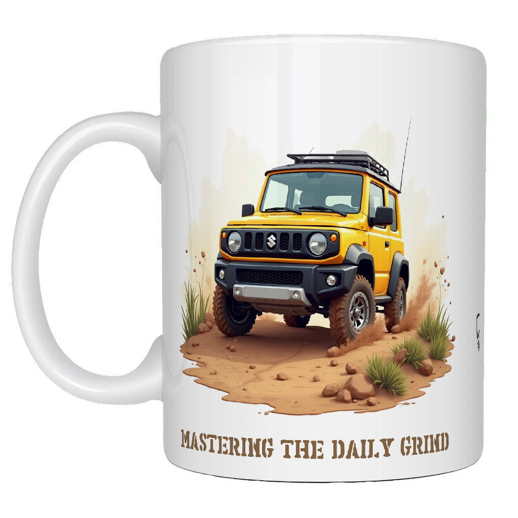 Offroad adventure, Yellow Suzuki Jimny edition, coffee mug